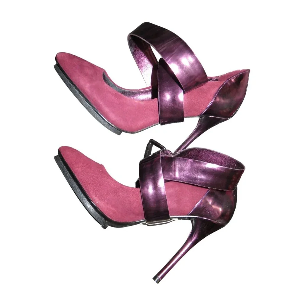 Guess by Marciano Pink & Purple Metallic Patent Italian Leather Strappy Heels 7